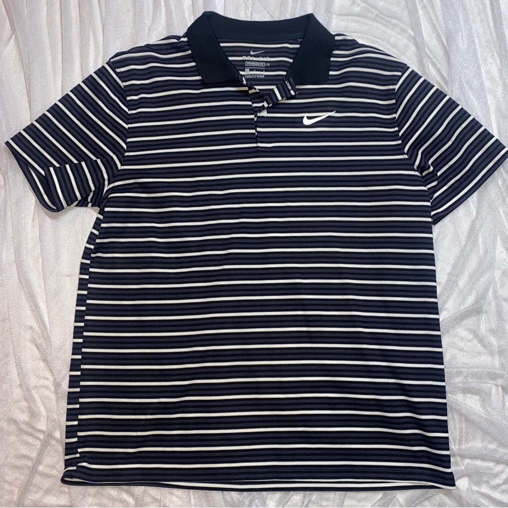 Nike Dri-FIT Men’s Striped Polo Shirt Size Large Navy Blue White Golf Athletic